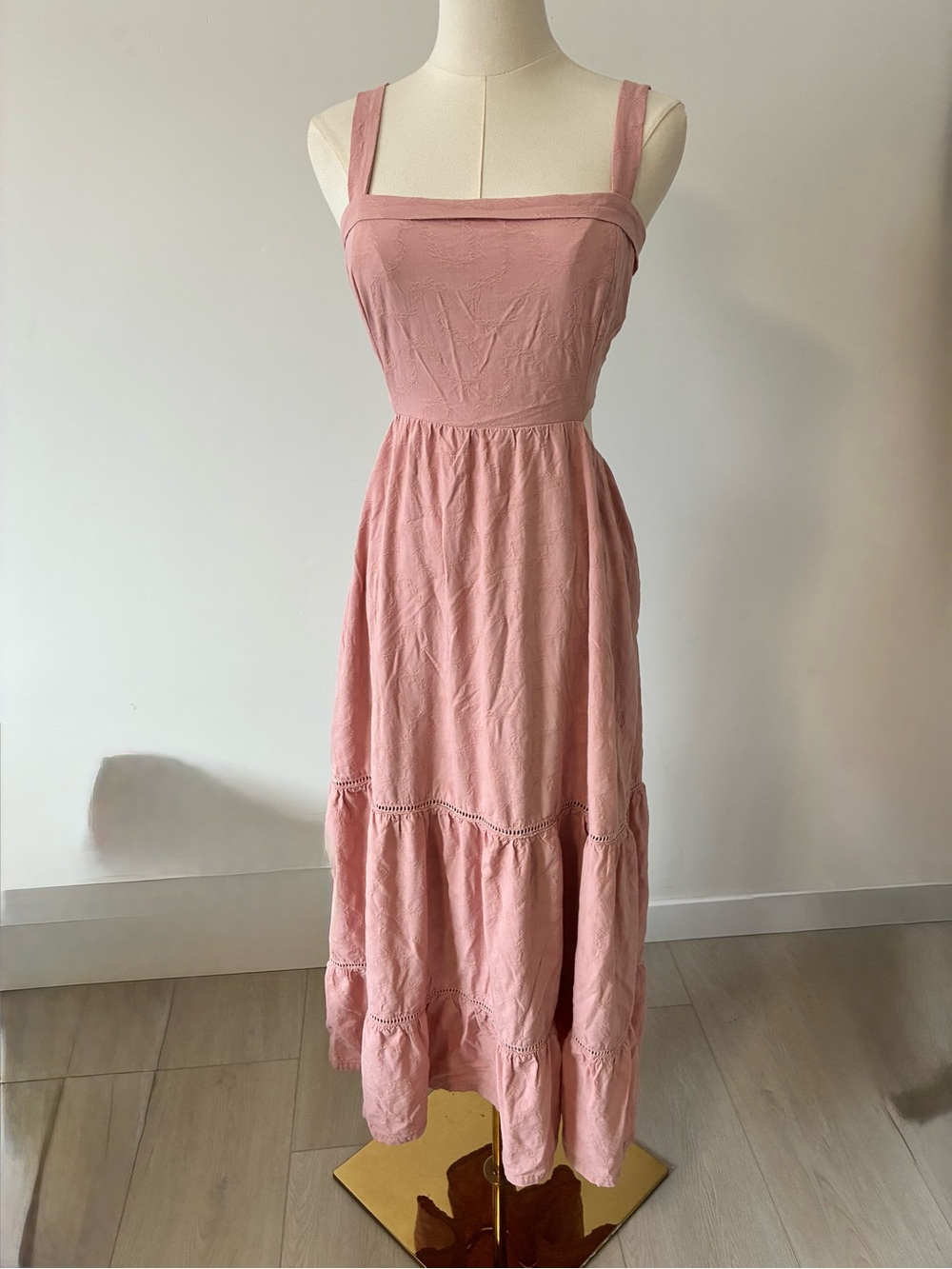 Lost + Wander Light Pink Tiered Maxi Dress with Square Neck and Open Back